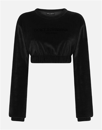 Dolce & Gabbana Cropped Chenille Sweatshirt With Carpet-stitch Embroidery - Woman T-shirts And Sweatshirts Black Cotton 44 F9R30ZGDBZUN0000