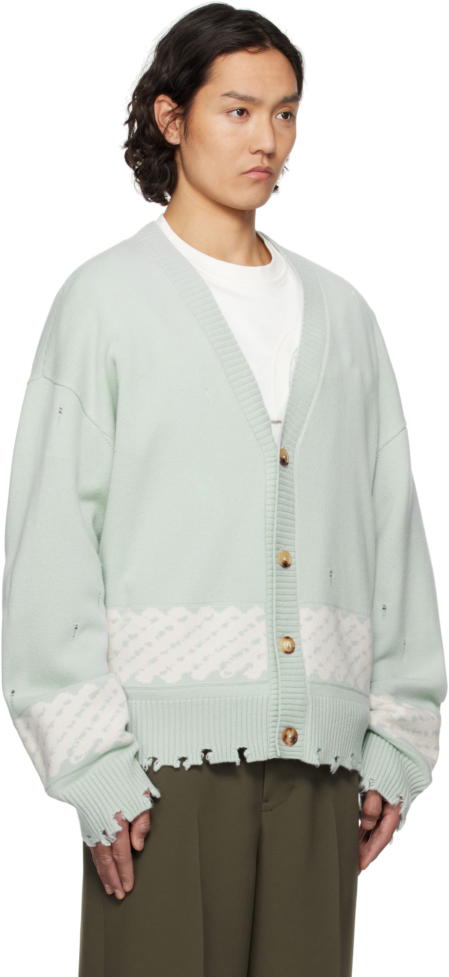 Пуловер Feng Chen Wang Feng Chen Wang Ripped Jacquard Cardigan Зелено | FUS19KT06G, 1