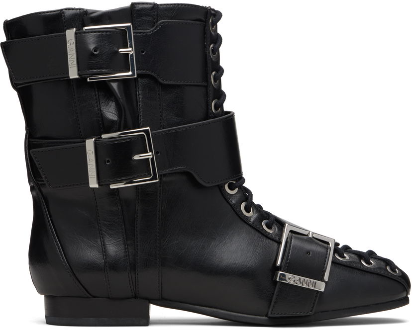 Кецове и обувки GANNI Buckled Eyelets Lace-Up Boots Черно | S3114