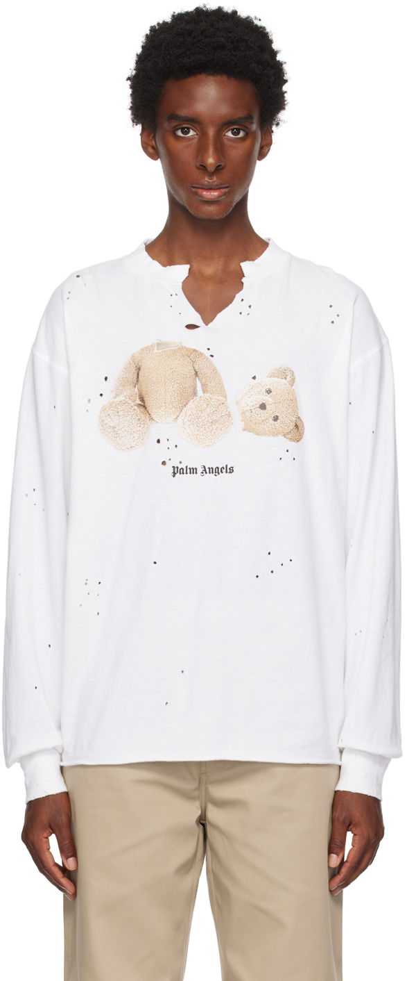 Тениска Palm Angels White PA Bear Long Sleeve Бяло | PMAB040S23JER0010160