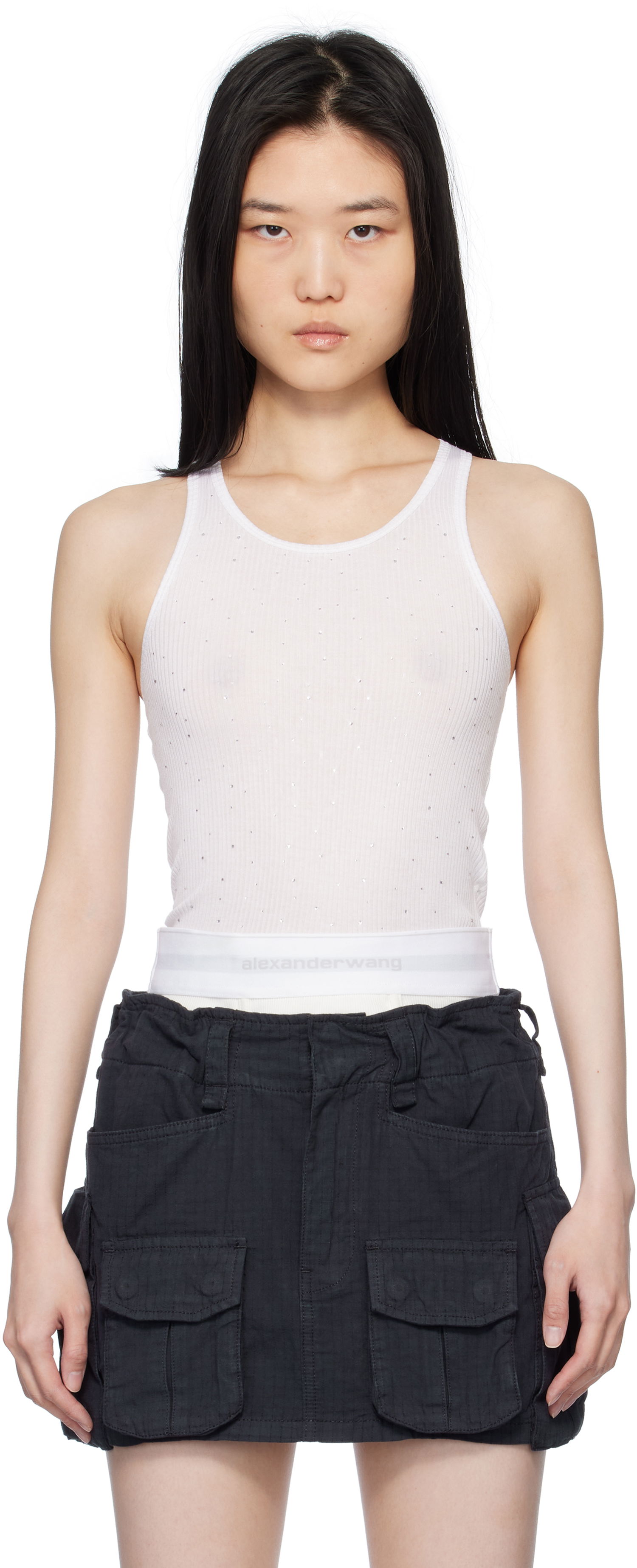Потник Alexander Wang White Crystal Hotfix Racer Tank Top Бяло | WL001T, 0