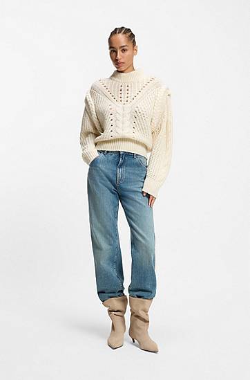 Пуловер BOSS Structured Cable and Openwork Knit Mock Neck Sweater with Alpaca and Virgin Wool Бяло | 50548951, 1