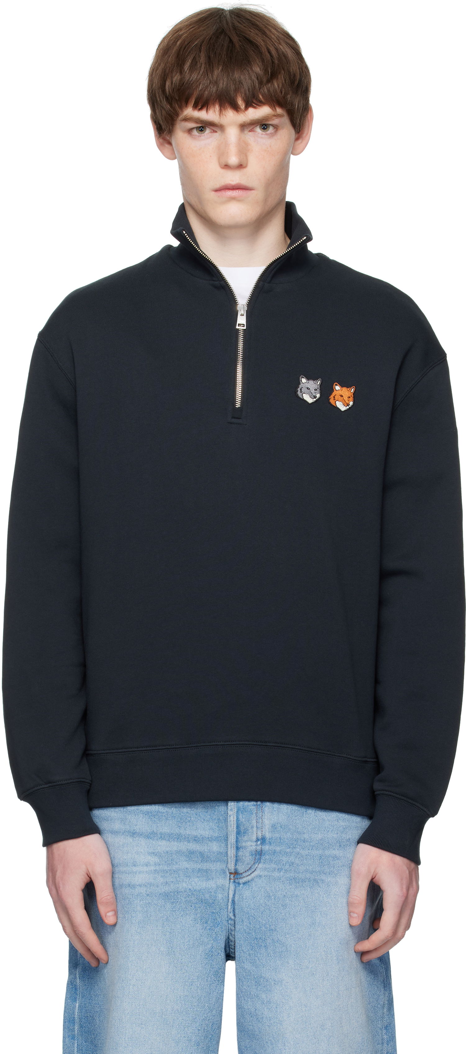 Суитчър MAISON KITSUNÉ Maison Kitsuné Double Fox Head Half-Zip Sweatshirt Черно | OM211CFKM0321, 0