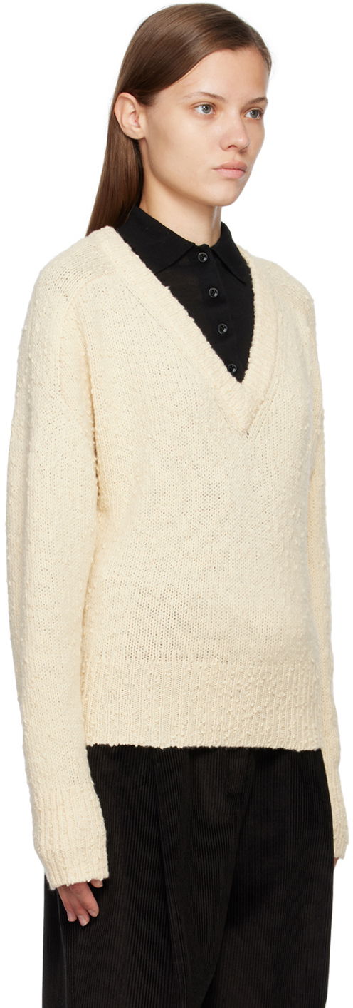 Пуловер TOTEME Textured Knit V-Neck Sweater Бяло | 224-5106-324, 1