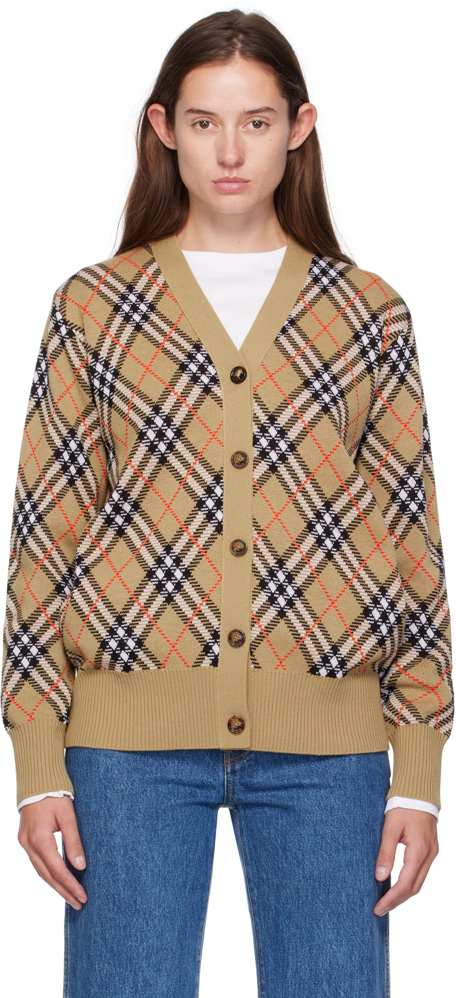 Пуловер Burberry Burberry Check Cardigan Бежово | 8110579, 0