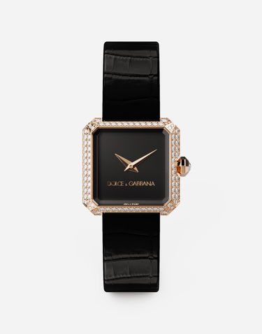 Часовник Dolce & Gabbana Diamond-Set Gold Faceted Case Watch with Croc-Embossed Leather Strap Черно | WWJC2GXSB01N0000, 0