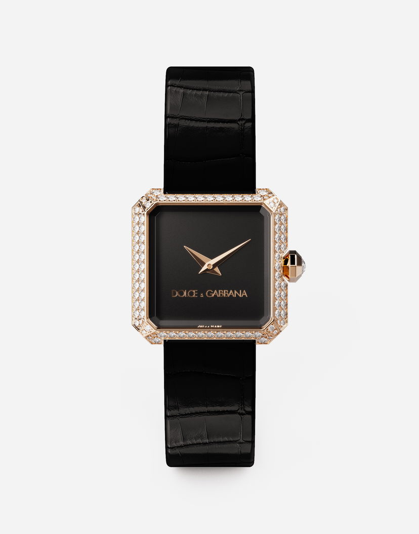 Часовник Dolce & Gabbana Diamond-Set Gold Faceted Case Watch with Croc-Embossed Leather Strap Черно | WWJC2GXSB01N0000
