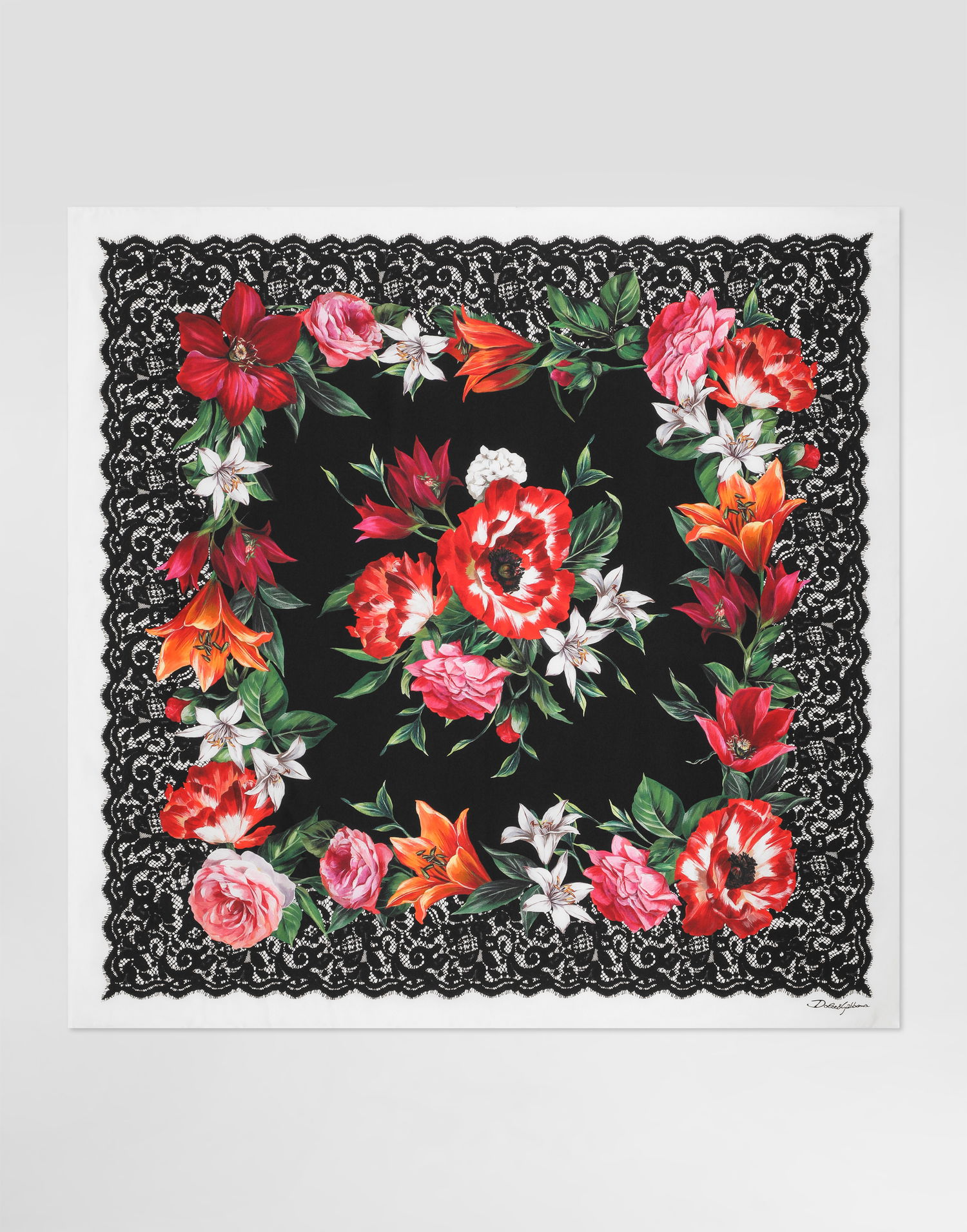 Шал Dolce & Gabbana Dolce & Gabbana 90x90 Silk Twill Floral Print Square Scarf with Lace Border Многоцветен | FN090RGDC7AHN5QV, 0
