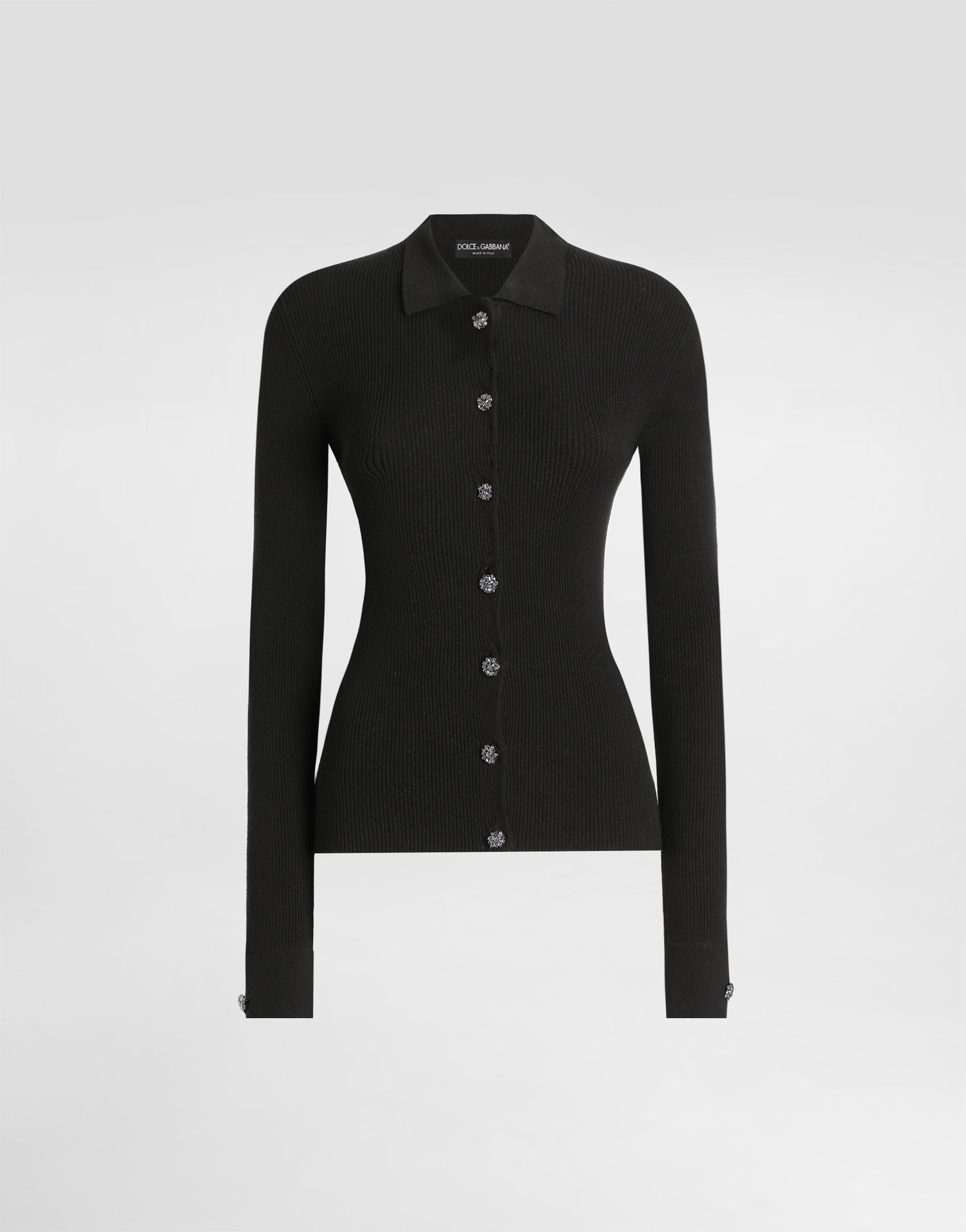 Пуловер Dolce & Gabbana Ribbed Collared Cardigan with Bejeweled Buttons Черно | FXVCPZJFMHGN0000, 0