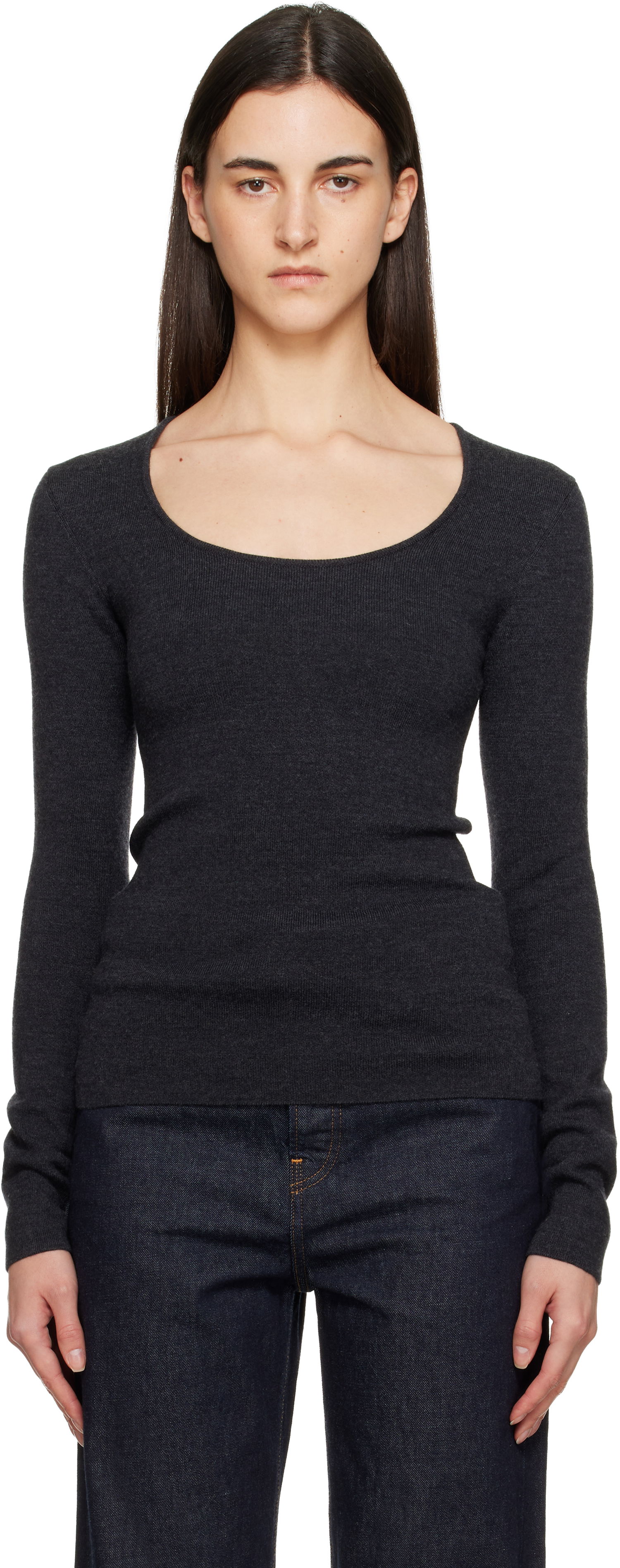 Пуловер TOTEME Long-Sleeve Scoop Neck Compact Knit Top Сиво | 254-WRT0571-YA0128, 0