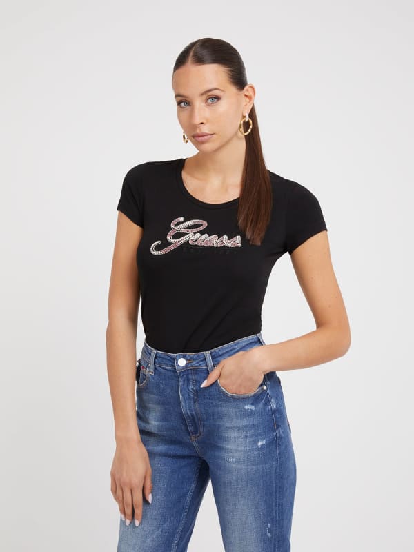 Тениска GUESS Rhinestones Logo T-Shirt Черно | W3YI36J1314, 0