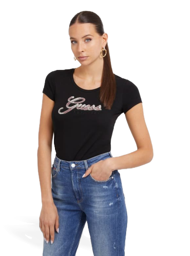 Тениска GUESS Rhinestones Logo T-Shirt Черно | W3YI36J1314