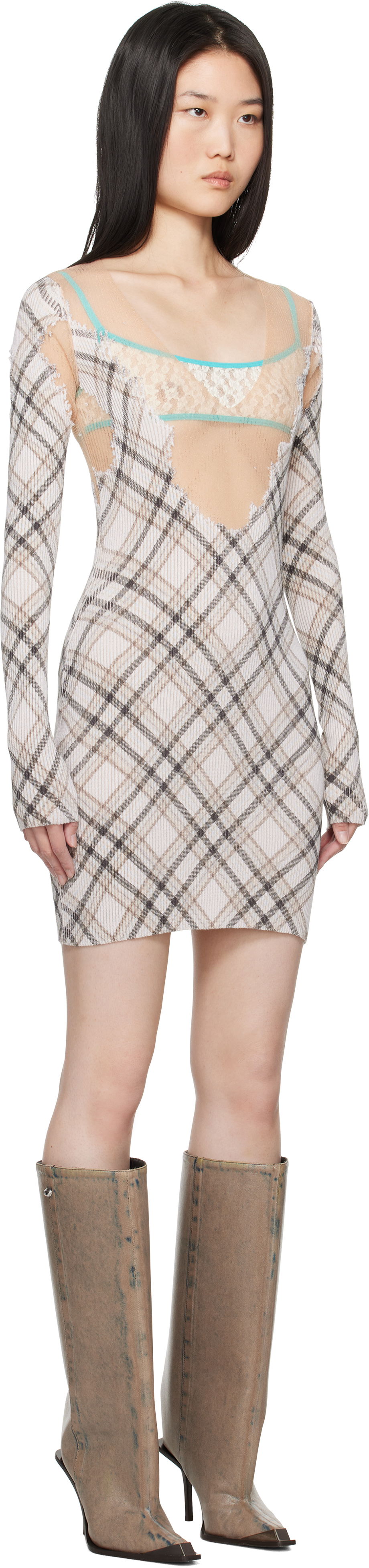 Pокля Diesel Plaid Knit Mini Dress Бежово | A17167 0GSAW, 1