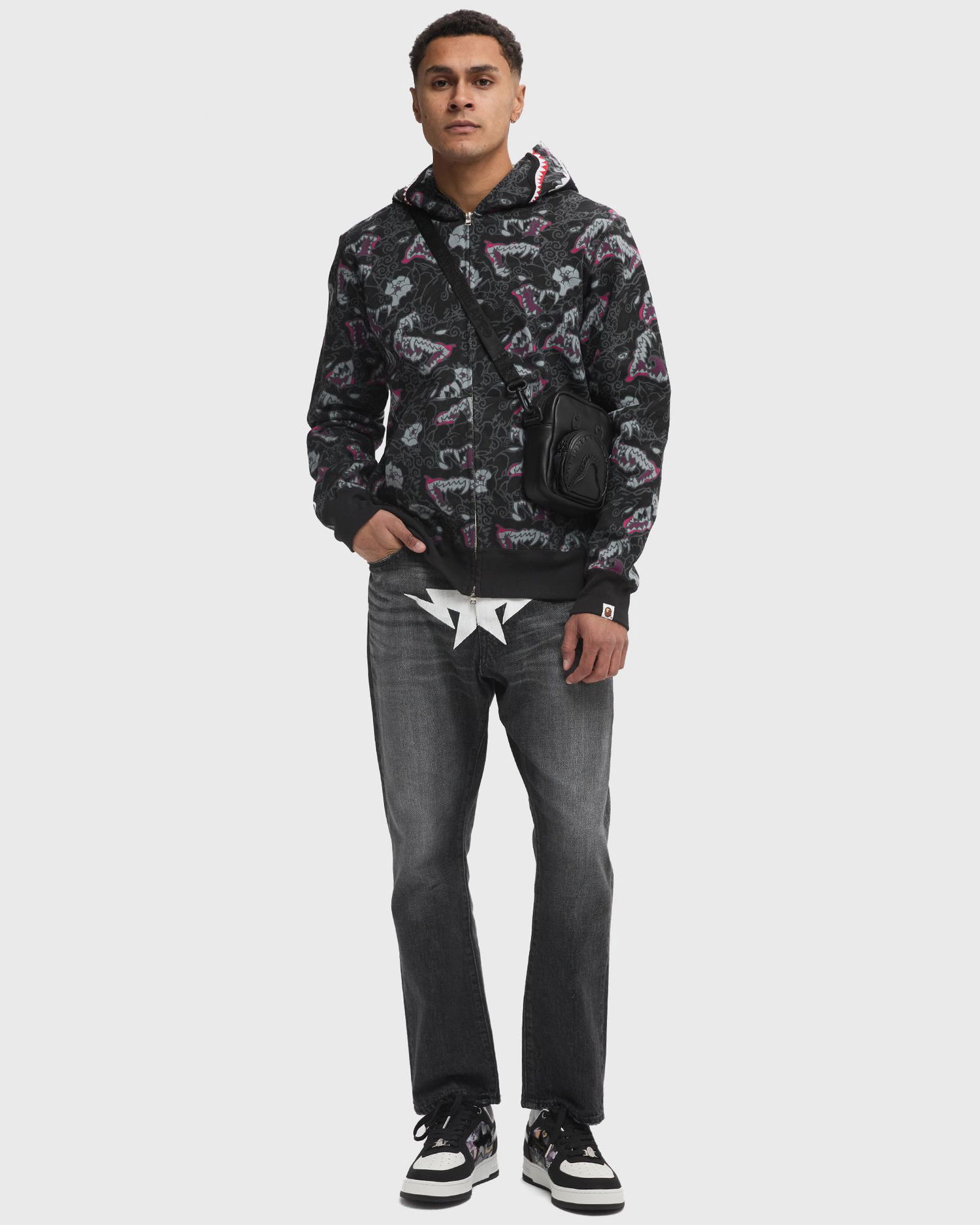 Суитчър BAPE Tattoo Camo Shark Full-Zip Hoodie Черно | 001ZPK801007MBLK, 1