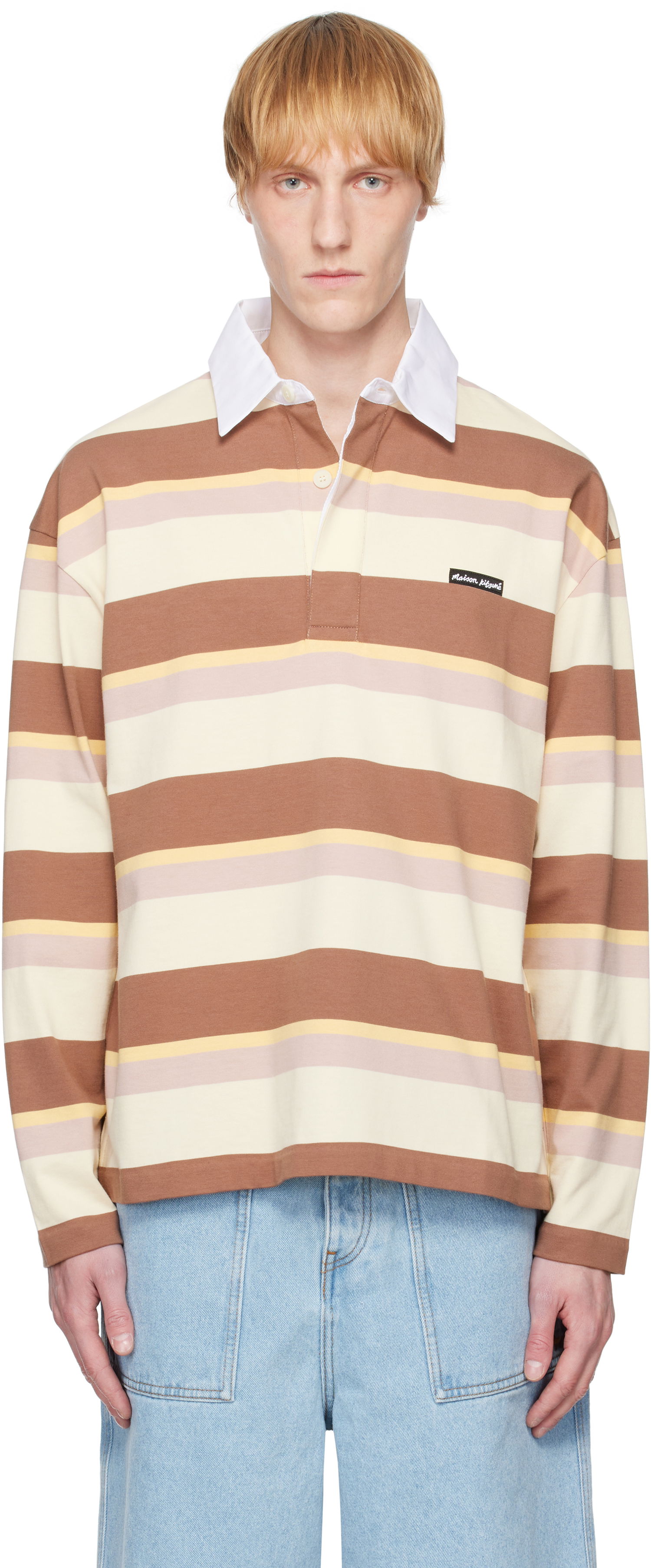 Поло тениска MAISON KITSUNÉ Maison Kitsuné Striped Oversize Long Sleeve Polo Кафяво | OM00207KJ7019, 0