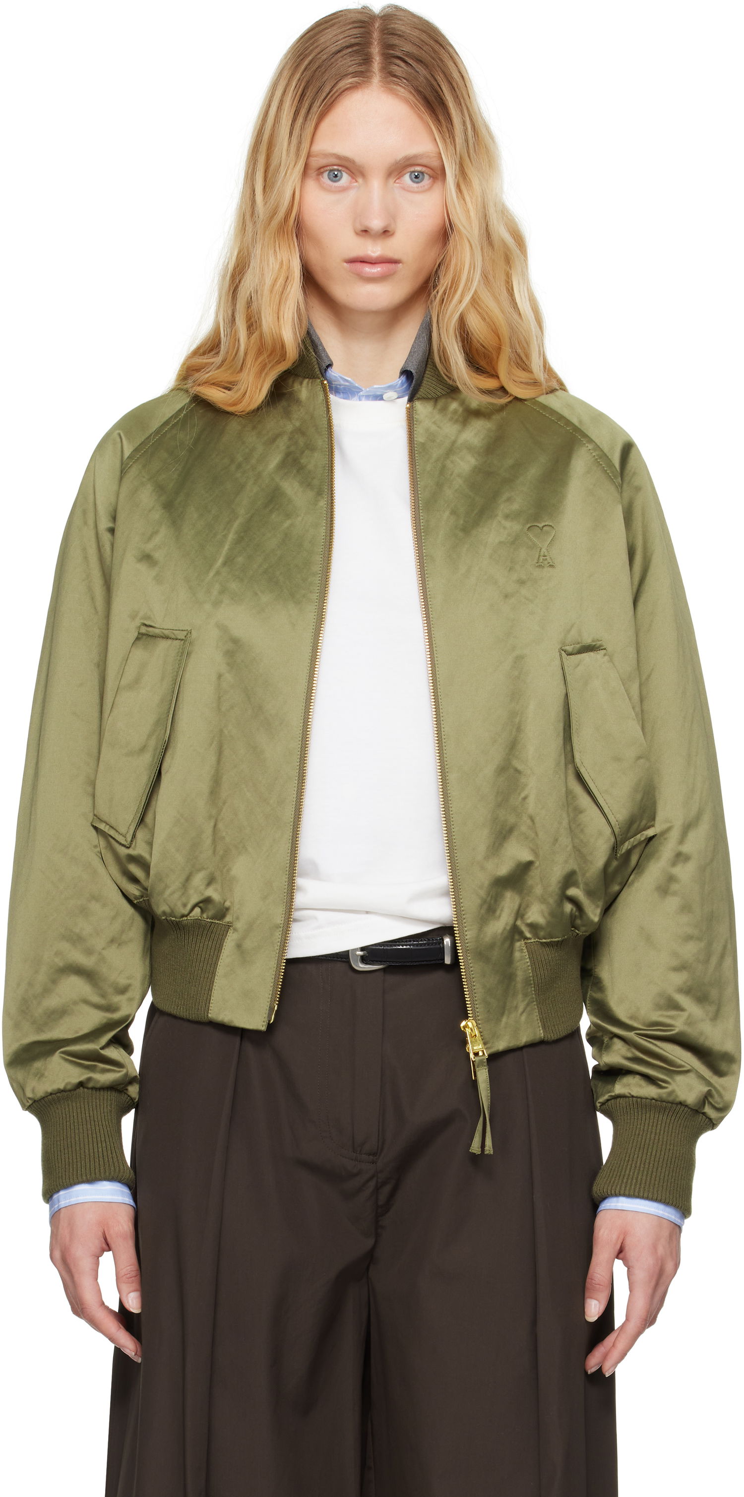 Яке бомбър AMI AMI Paris Cotton Satin Ami de Coeur Bomber Jacket Зелено | FJK011.CO0100, 0