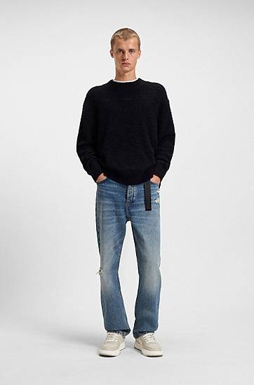 Пуловер BOSS Bouclé-knit sweater with embroidered logo Черно | 50524526, 1