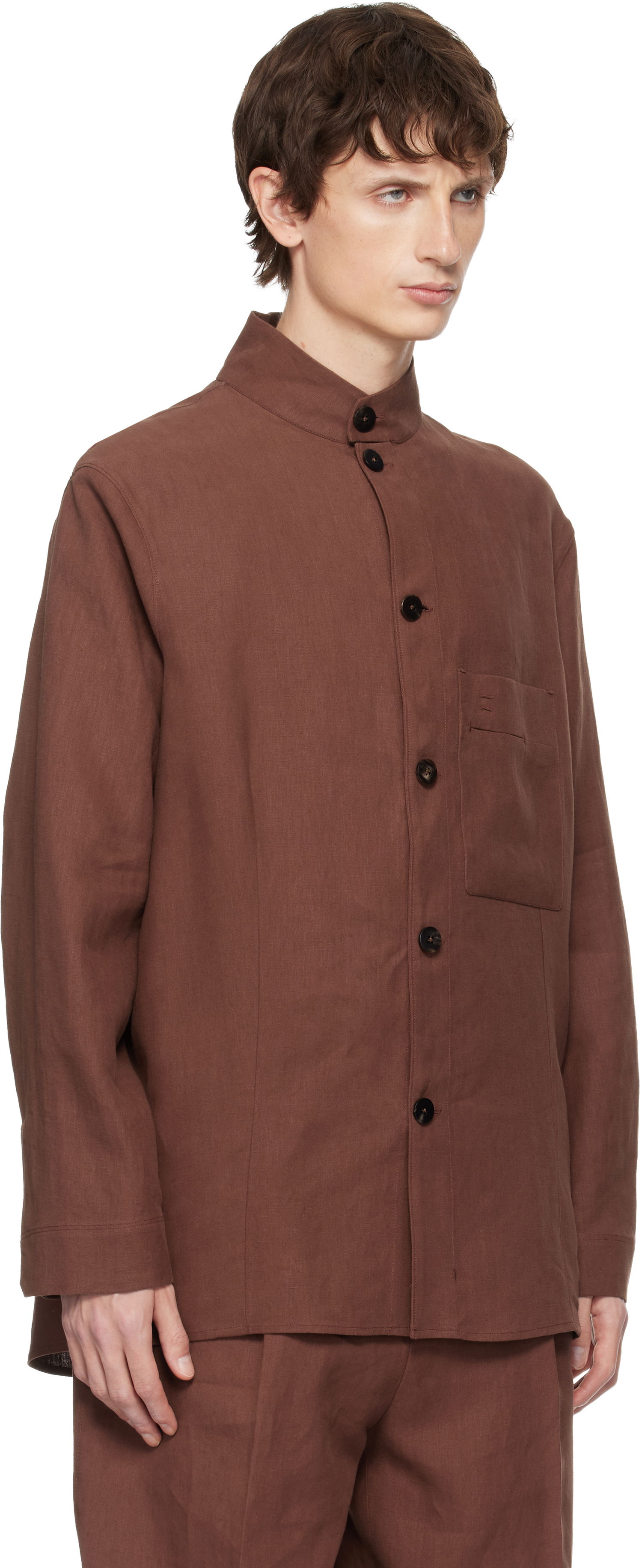 Яке ZEGNA Standing Collar Button-Front Overshirt with Chest Pocket Кафяво | 973C58A9 SON95, 1