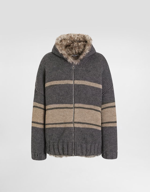 Dolce & Gabbana Knitted Fur-Lined Striped Zip-Up Hoodie