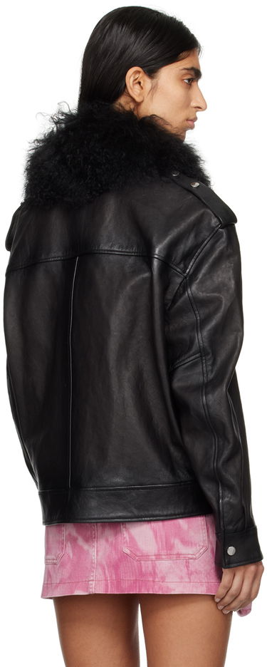 Яке бомбър Blumarine Spread Collar Leather Biker Jacket With Fur Черно | P422L043A, 2