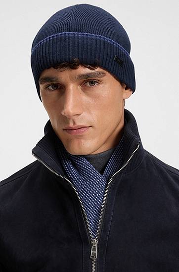 Облекло и аксесоари BOSS Knitted wool-cotton patterned scarf and ribbed beanie hat gift set Тъмно синьо | 50548858, 1