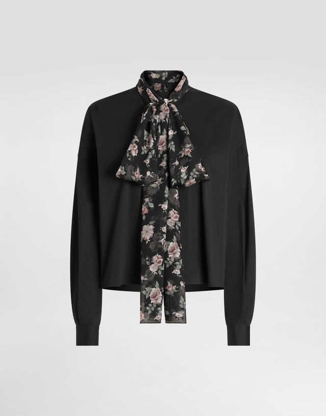 Poplin Long Sleeve Shirt with Floral Print Tie-Neck Scarf