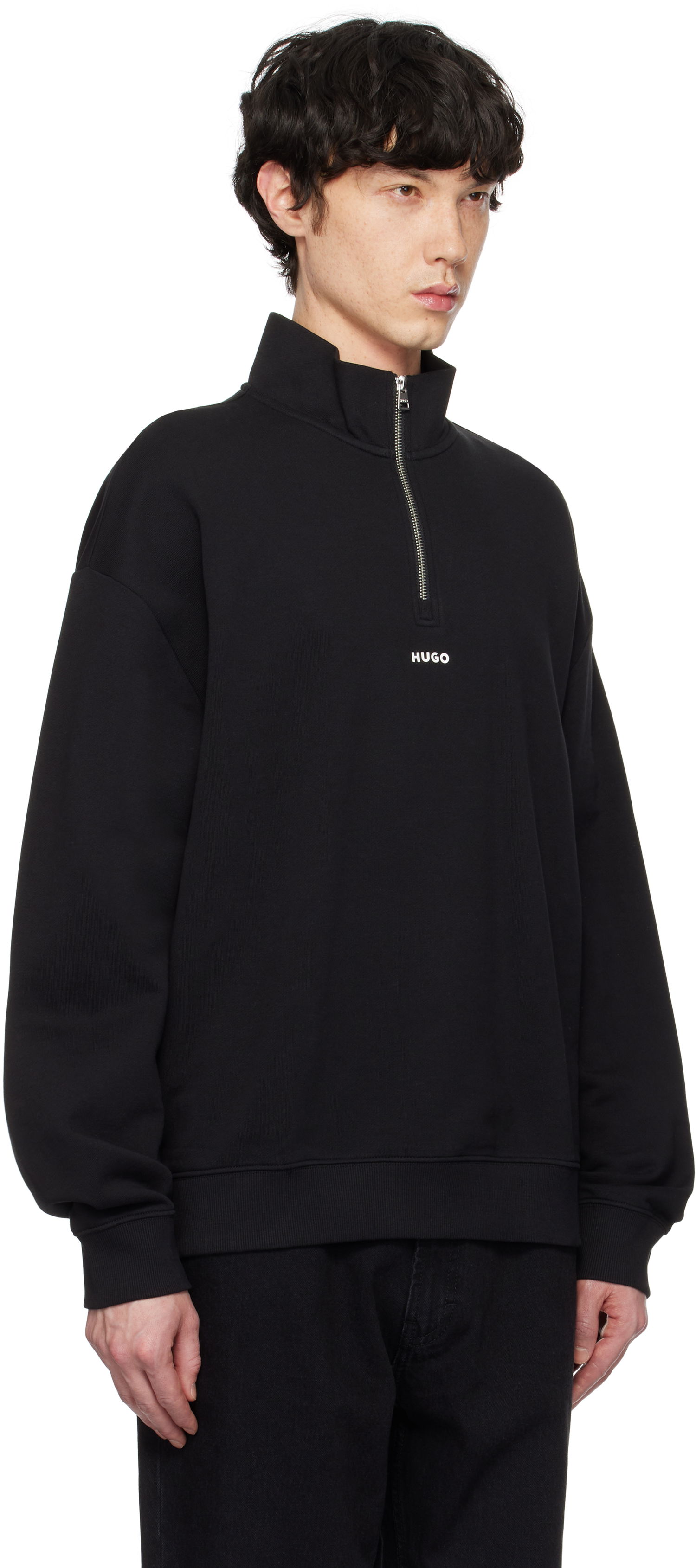 Суитчър BOSS Hugo Logo Print Cotton-Terry Zip-Neck Sweatshirt Черно | 50525881, 1