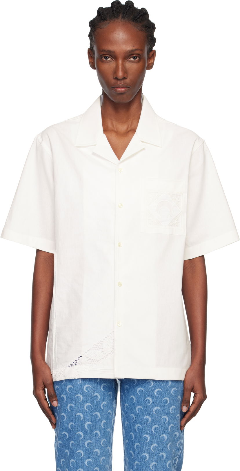 Риза Marine Serre Regenerated Household Linen Short Sleeve Bowling Shirt Бяло | USI016AUWOV0045