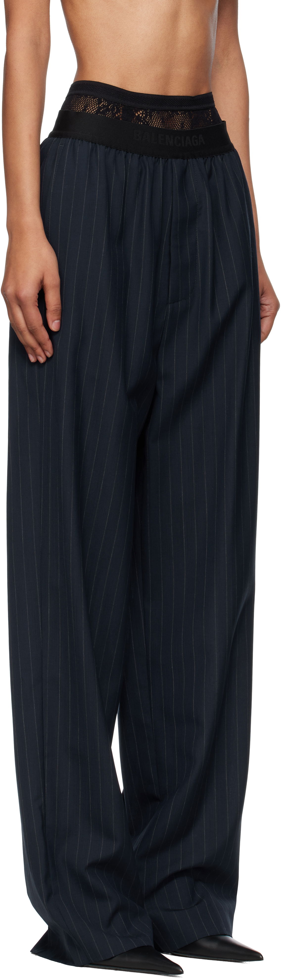 Панталони Balenciaga Balenciaga Pinstripe Elastic Trousers Тъмно синьо | 790887TST24, 1