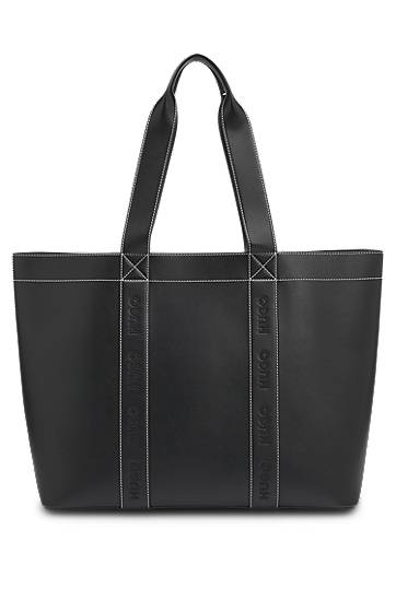 Голяма пазарска чанта BOSS Faux-Leather Tote Bag with Embroidered Logos Черно | 50547481