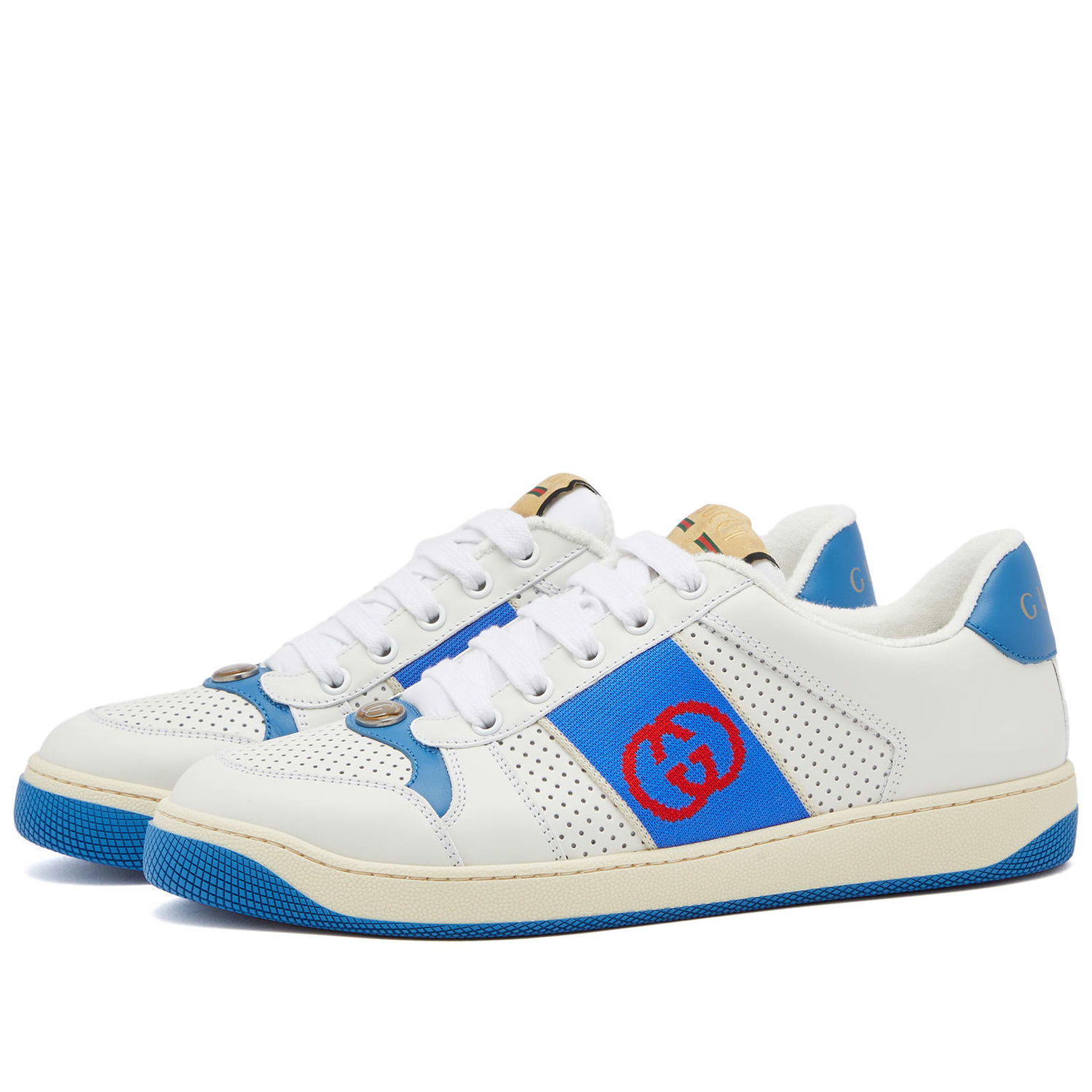 Кецове и обувки Gucci Men's Screener Sneakers in White/Blue, Size UK 6 | END. Clothing Бяло | 765054-AACV8-9055, 0