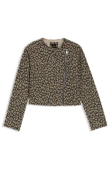 Яке BOSS Cropped Leopard Jacquard Biker Jacket Кафяво | 50546006