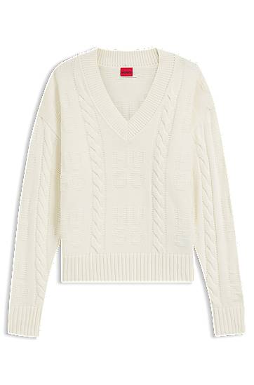 Пуловер BOSS Oversized-fit V-neck cable knit cropped sweater Бяло | 50554075, 0