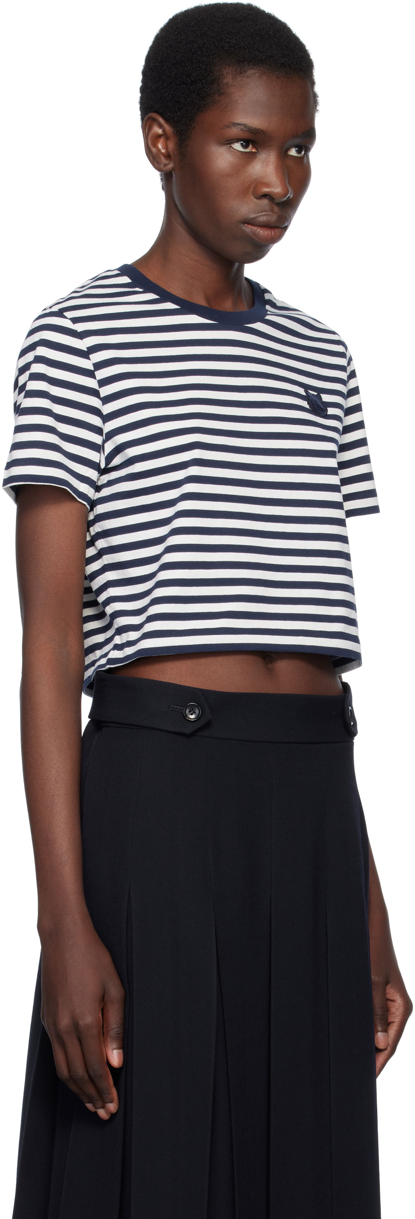 Съкратен топ MAISON KITSUNÉ Maison Kitsuné Fox Head Patch Striped Cropped T-Shirt Тъмно синьо | OW00110KJ0008, 1