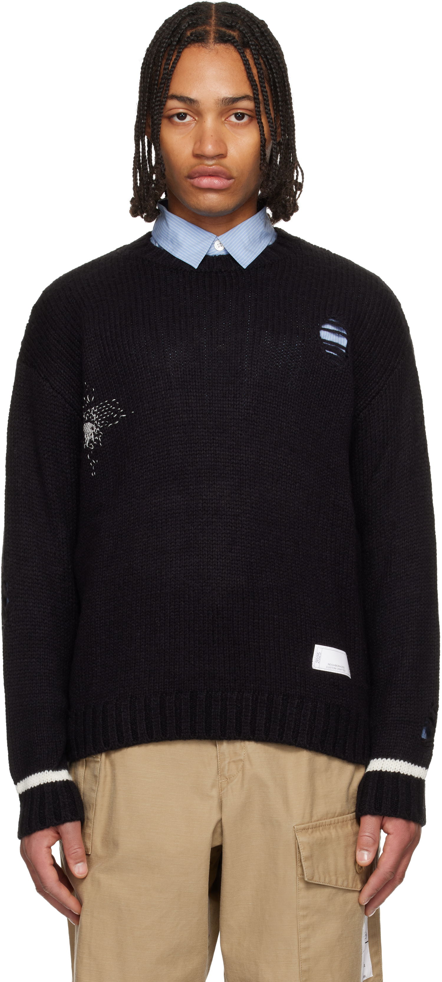 Пуловер Neighborhood Distressed Rib Knit Crewneck Sweater Черно | 252FUNH-KNM02, 0