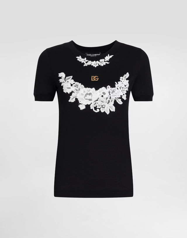 Dolce & Gabbana Jersey T-Shirt with Lace Details and DG Logo