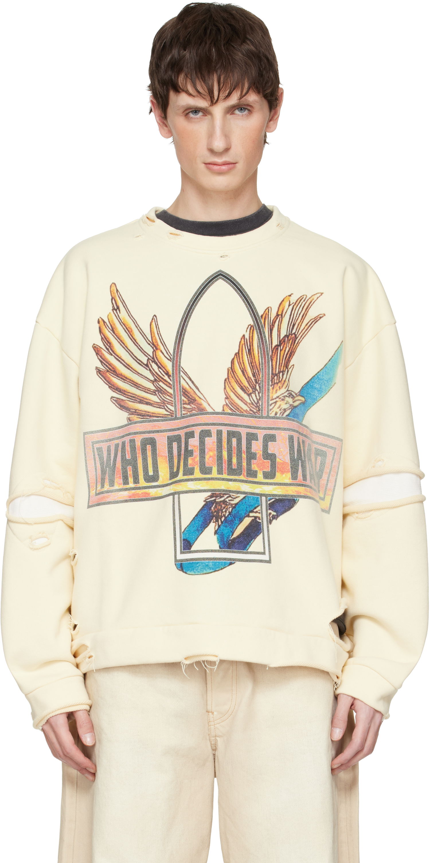 Суитчър Who Decides War Ribbon Tour Distressed Graphic Sweatshirt Бежово | 1110540019FW25, 0