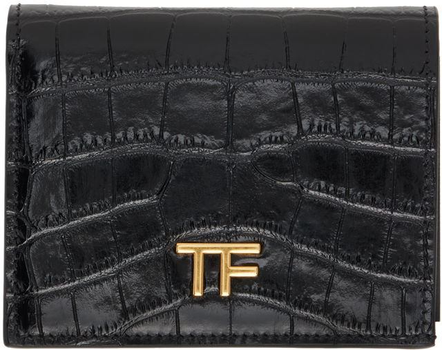 Black Shiny Stamped Croc Compact Wallet