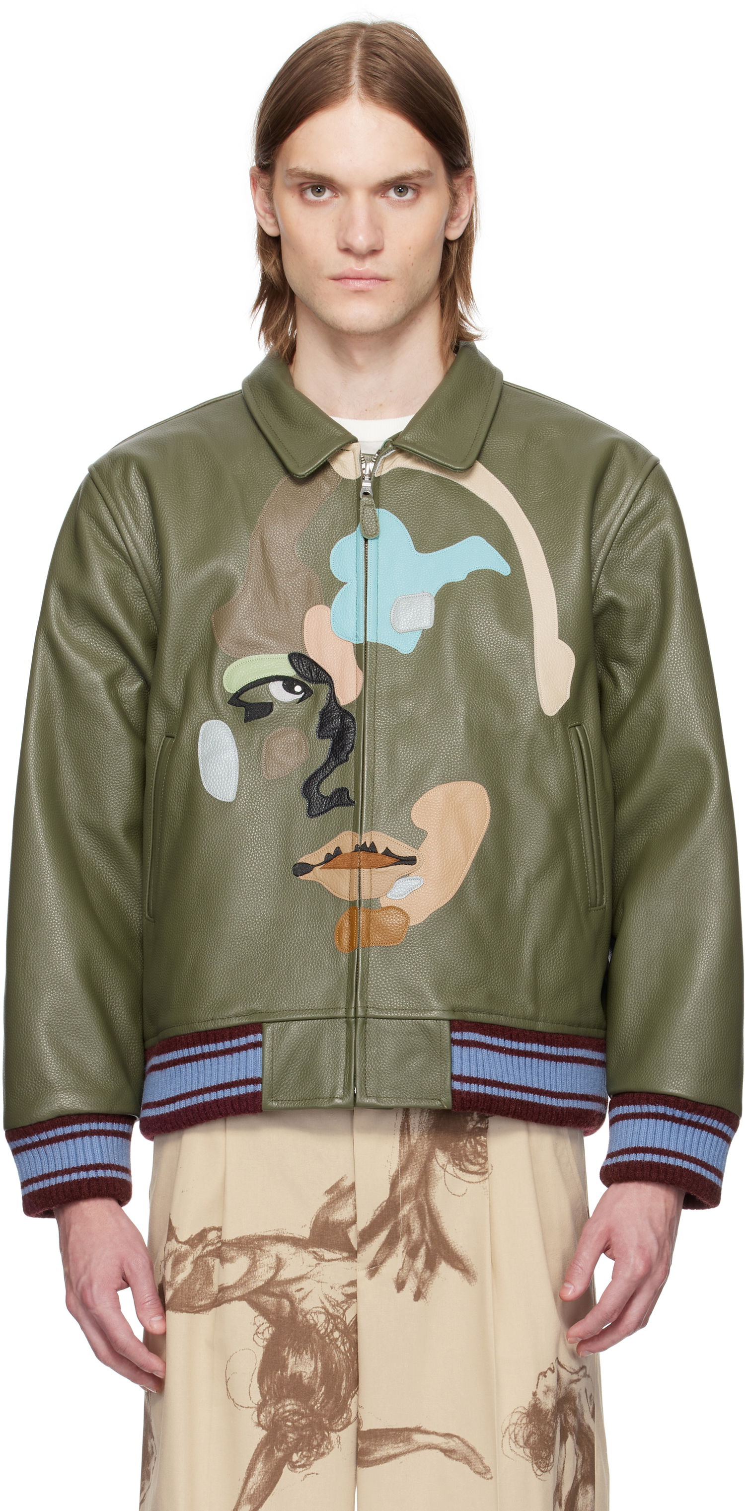 Яке бомбър KidSuper KidSuper Patchwork Face Leather Varsity Jacket Зелено | SS25-OW-05, 0