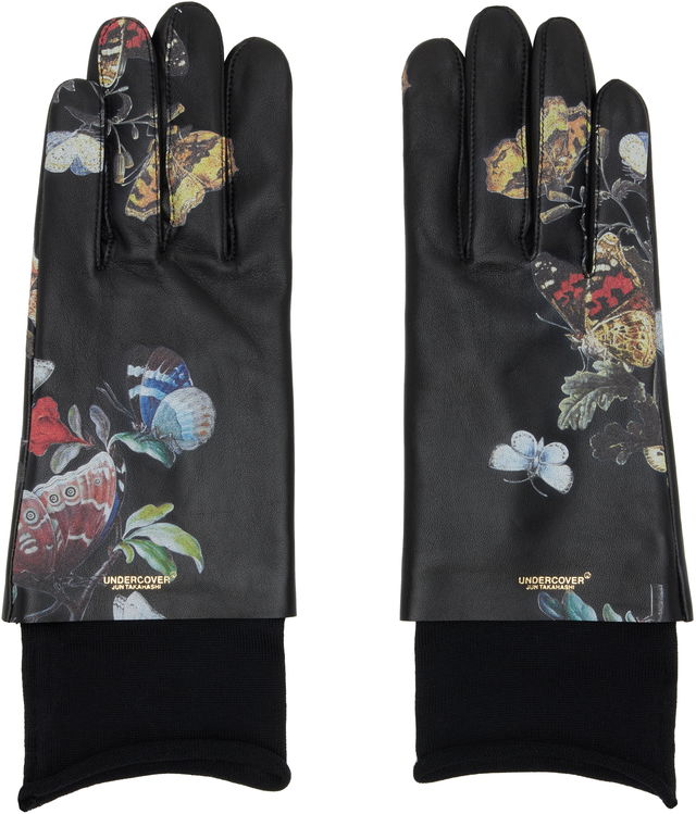 Jun Takahashi Butterfly Print Leather Gloves with Ribbed Cuffs