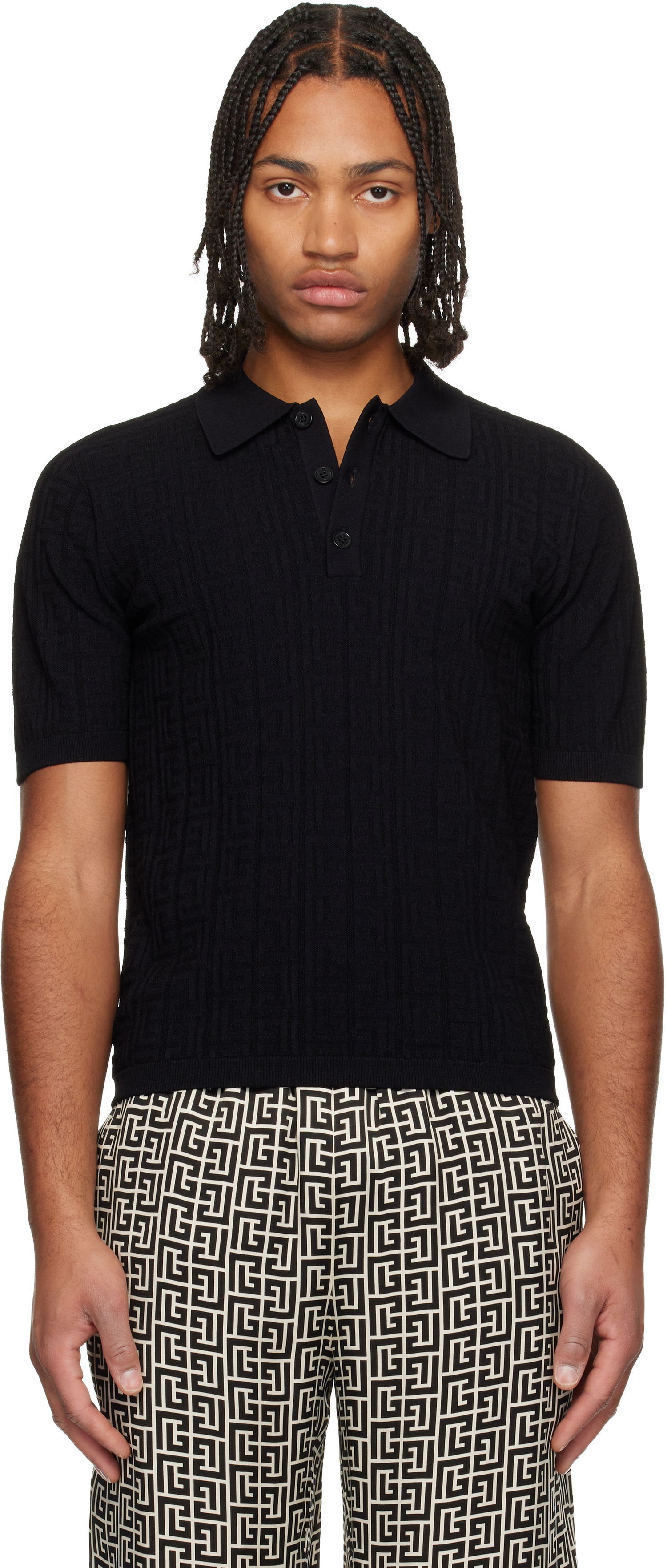 Поло тениска Balmain Monogram Knit Polo Черно | FH1GB067KI63, 0