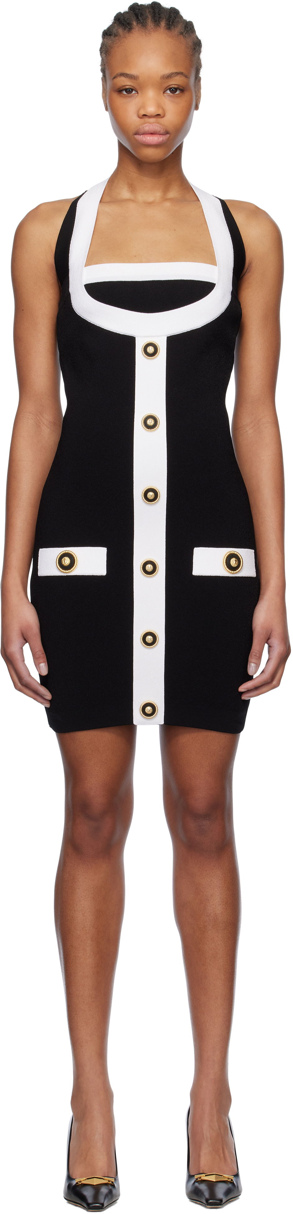 Pокля Balmain Balmain Two-Tone Halterneck Knit Mini Dress Черно | EF1R2390KH99, 0