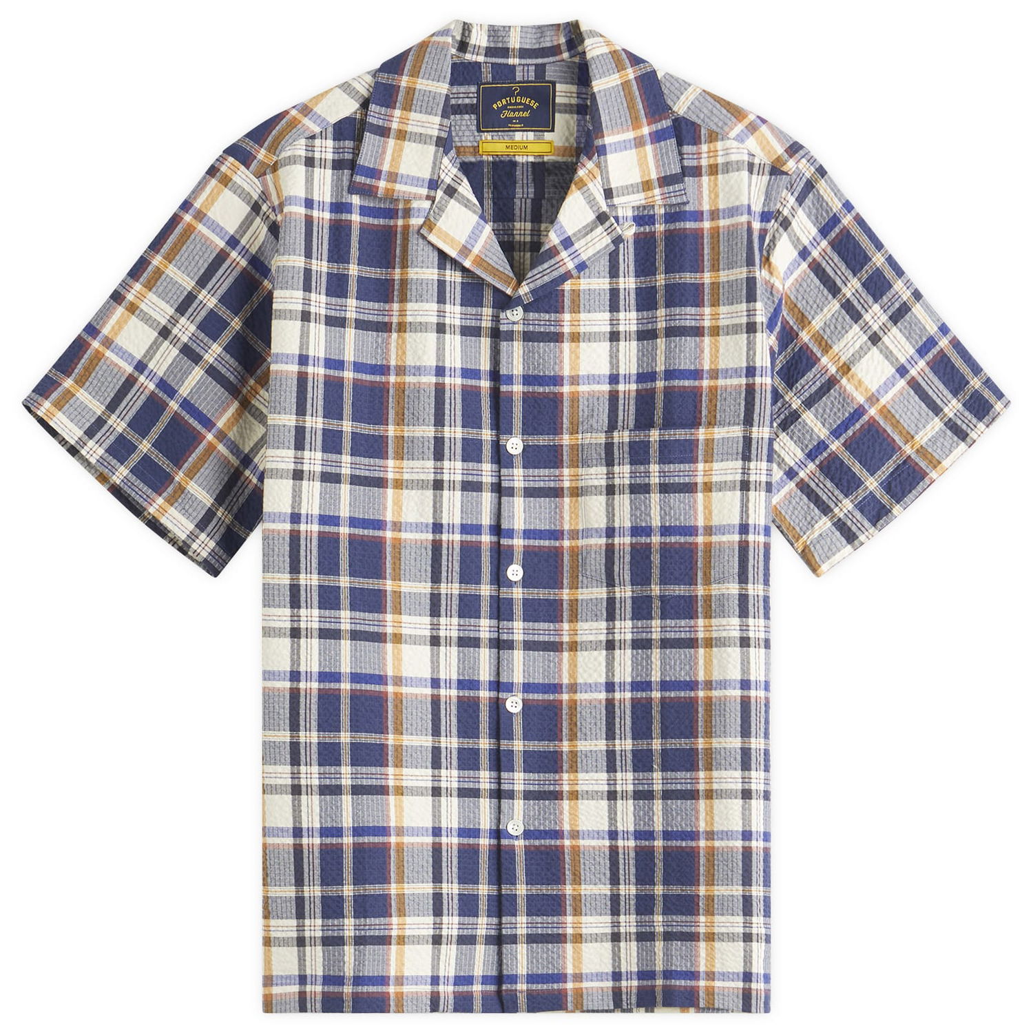 Риза Portuguese Flannel Men's Prainha Check Seersucker Vacation Shirt, Size Large Синьо | SS25-075-BLW, 0