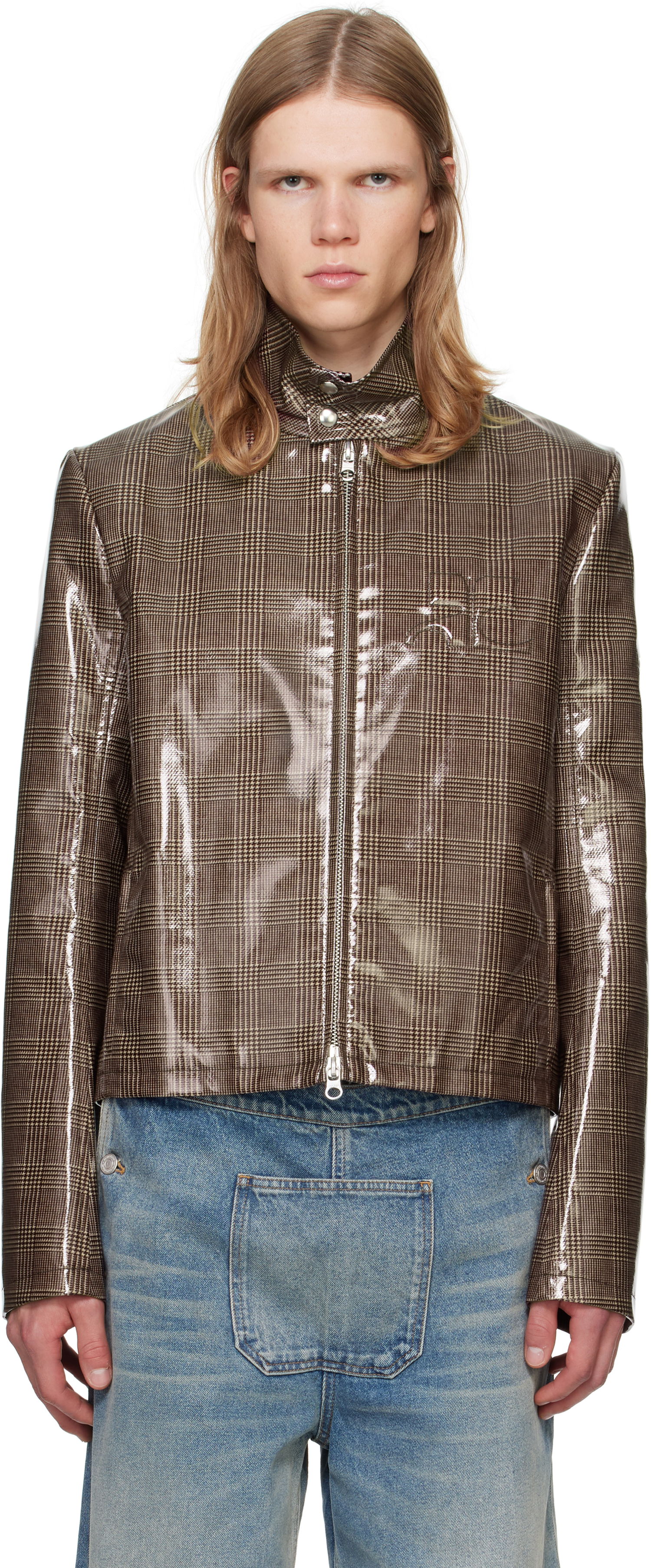 Яке Courrèges Courrèges Prince Of Wales Vinyl Biker Jacket Кафяво | 324CBL195VY0023, 0