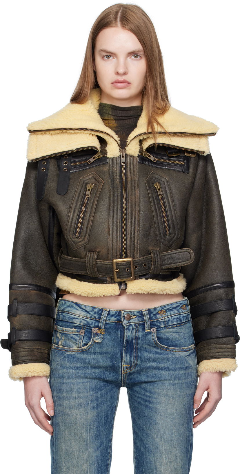 Яке бомбър R13 R13 Cropped Shearling Bomber Jacket Кафяво | R13WR423-R545A