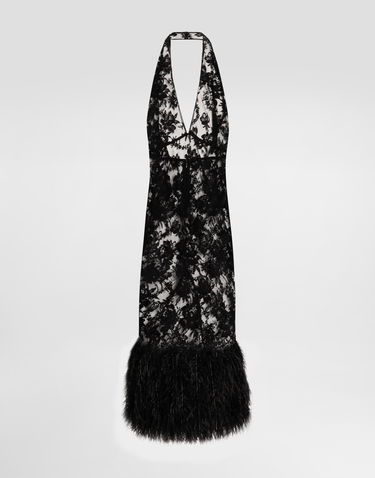Pокля Dolce & Gabbana Dolce & Gabbana Chantilly Lace Halter Dress with Feather Trim Черно | F60DFZHLMQJN0000, 0