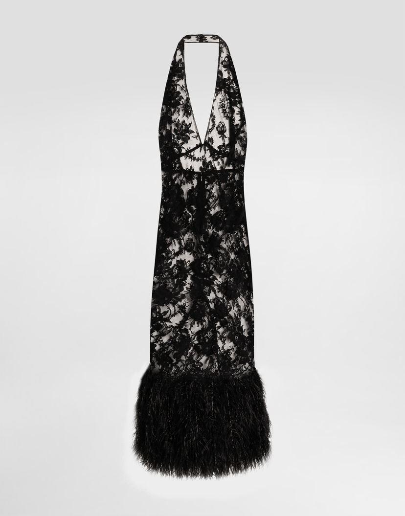 Pокля Dolce & Gabbana Dolce & Gabbana Chantilly Lace Halter Dress with Feather Trim Черно | F60DFZHLMQJN0000