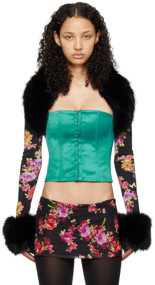 GUIZIO Floral Print and Faux Fur Cardigan