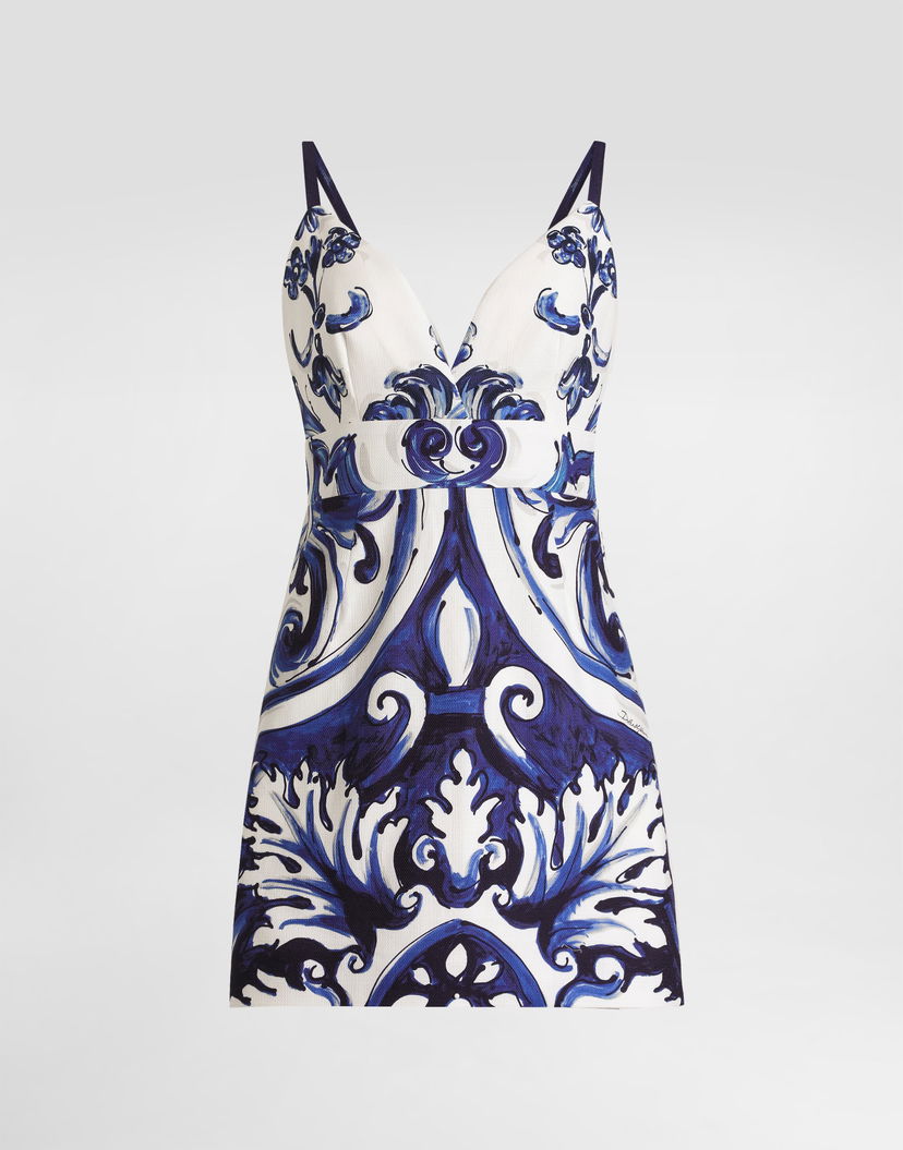 Pокля Dolce & Gabbana Dolce & Gabbana Majolica-Print Cotton Mini Dress Синьо | I6KH1WFPFSTHB5DQ
