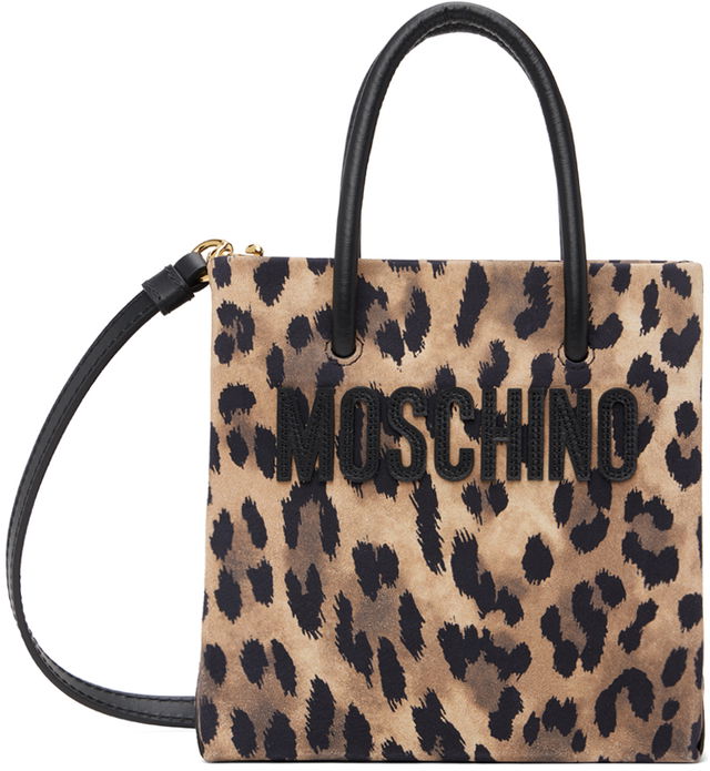 Beige & Black Leopard Print Suede Bag